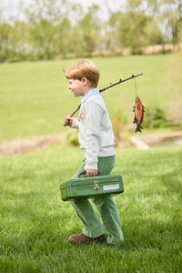 Little English traditional children's clothing.  Boys cream crew neck sweater with fish motif layered over light blue striped polo and paired with watercress green corduroy pants.