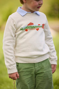 Little English traditional children's clothing.  Boys cream crew neck sweater with fish motif layered over light blue striped polo and paired with watercress green corduroy pants.