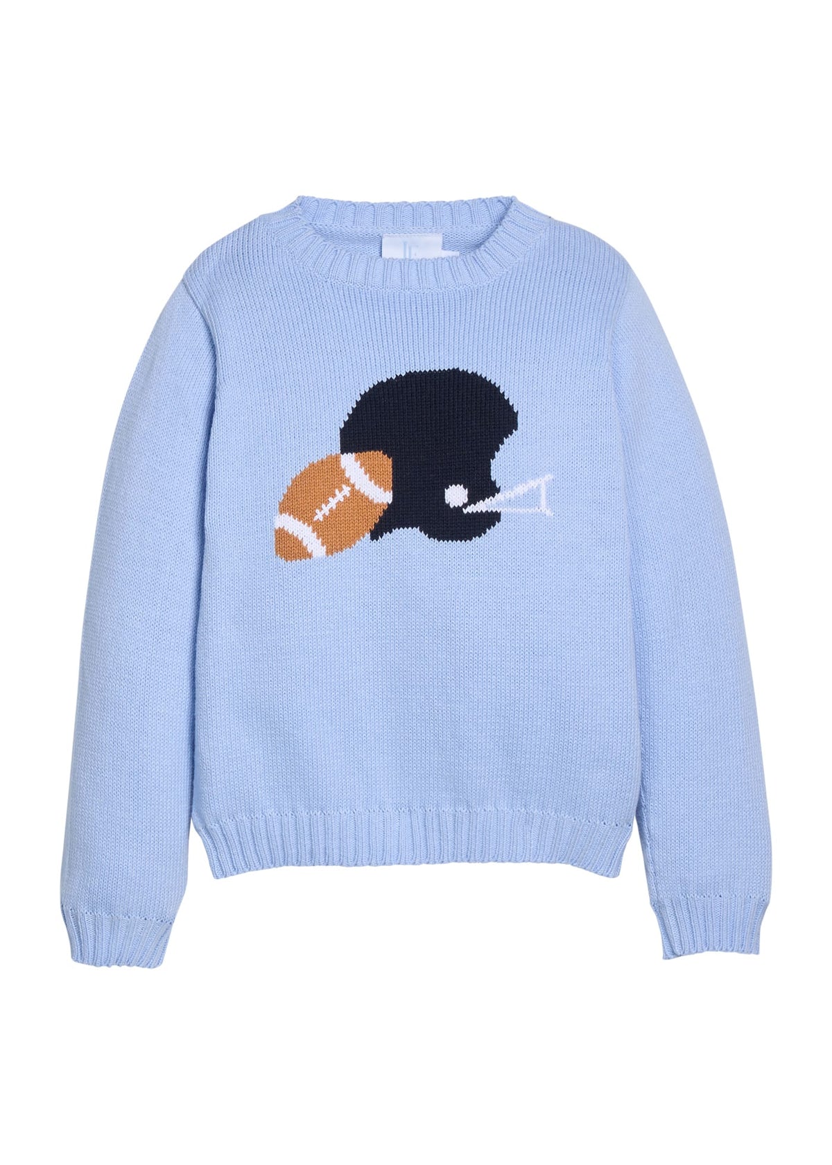 Little English traditional children's clothing. Light blue crew neck Intarsia Sweater with football and navy helmet motif for boys