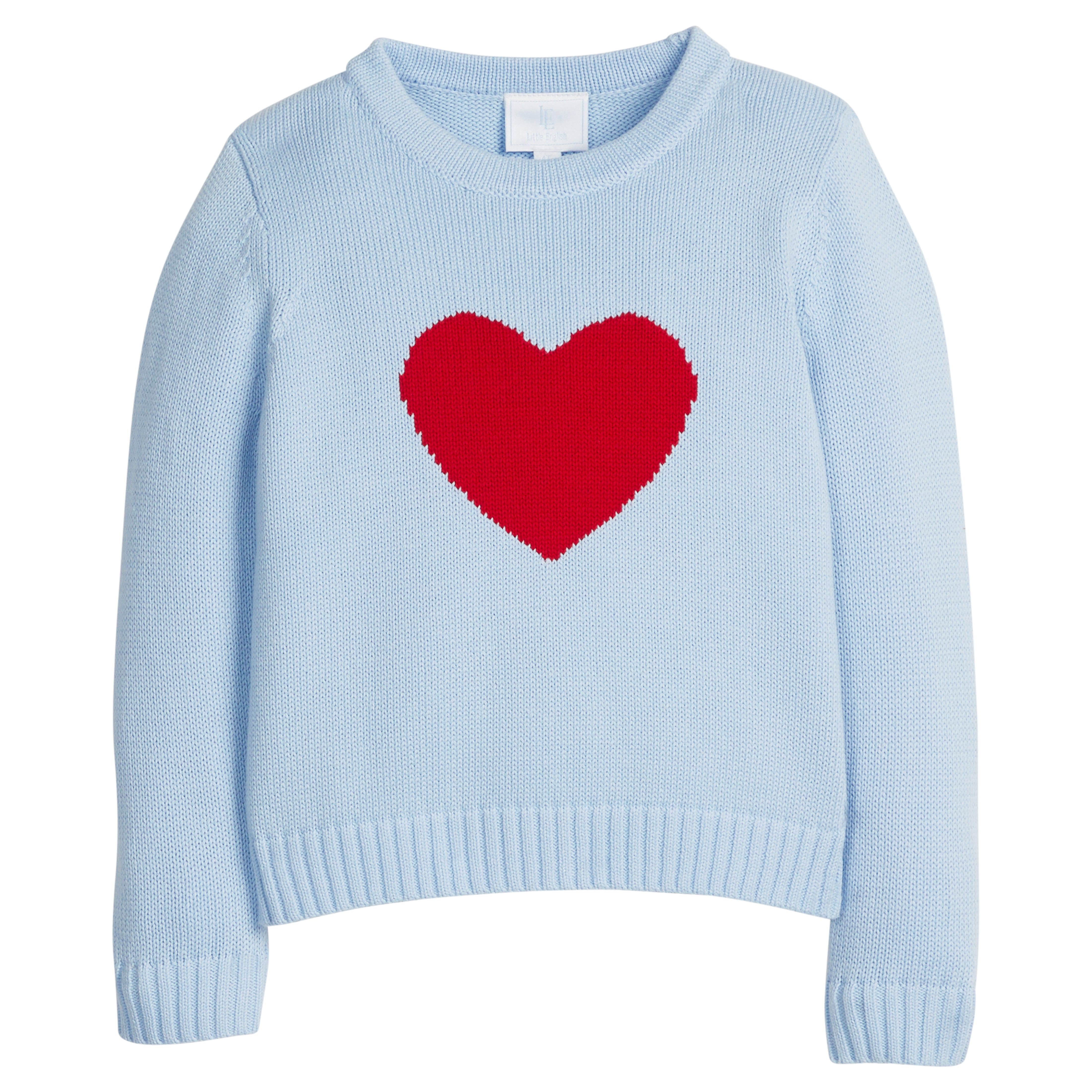 little english classic children's clothing light blue sweater with red heart for girls or boys