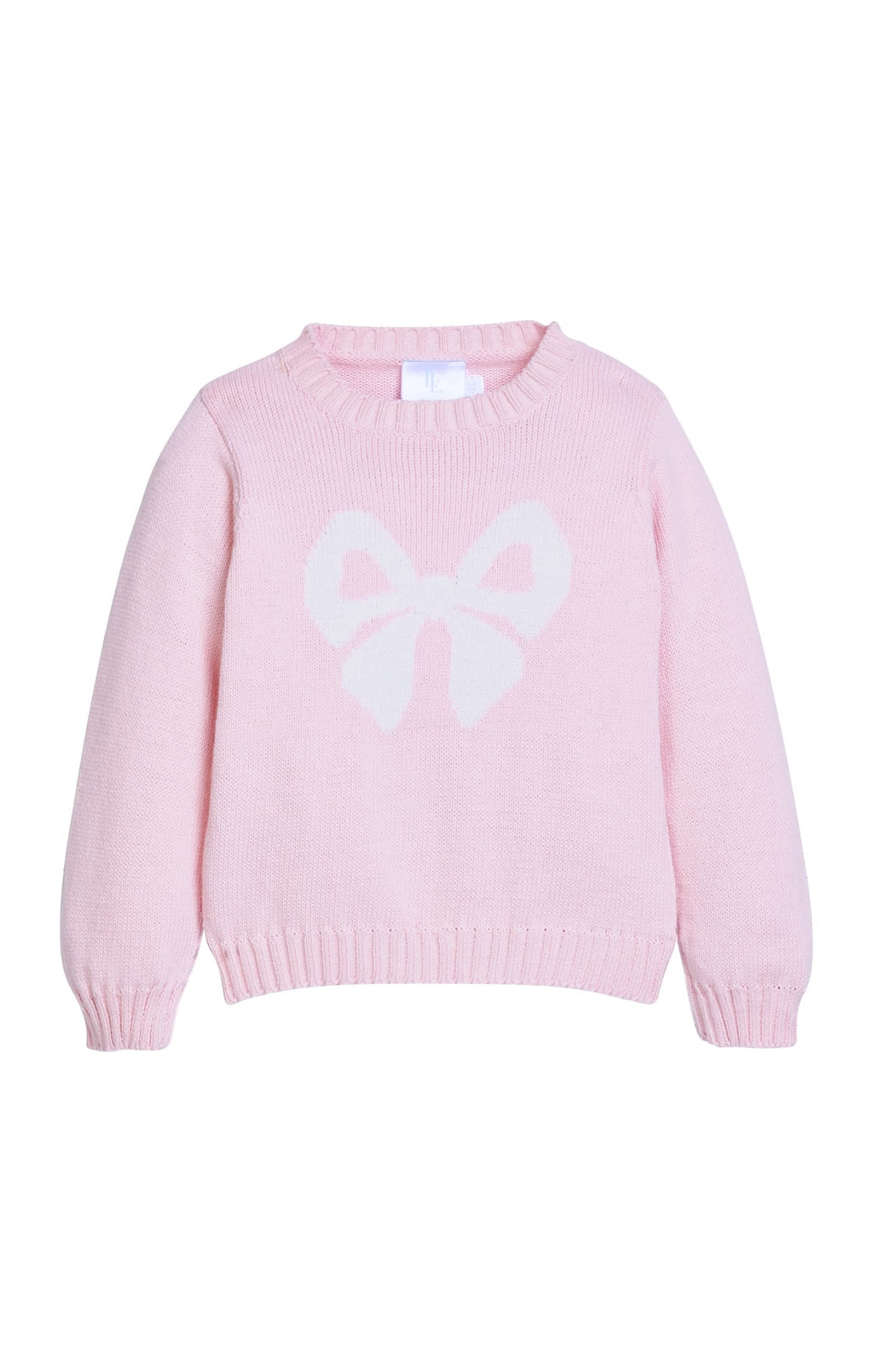Little English traditional children's clothing. Light pink crew neck Intarsia Sweater with white bow motif for girls