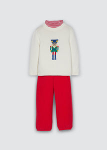 Little English boy's outfit for the holidays, red striped long sleeve turtleneck with nutcracker sweater and red corduroy pants