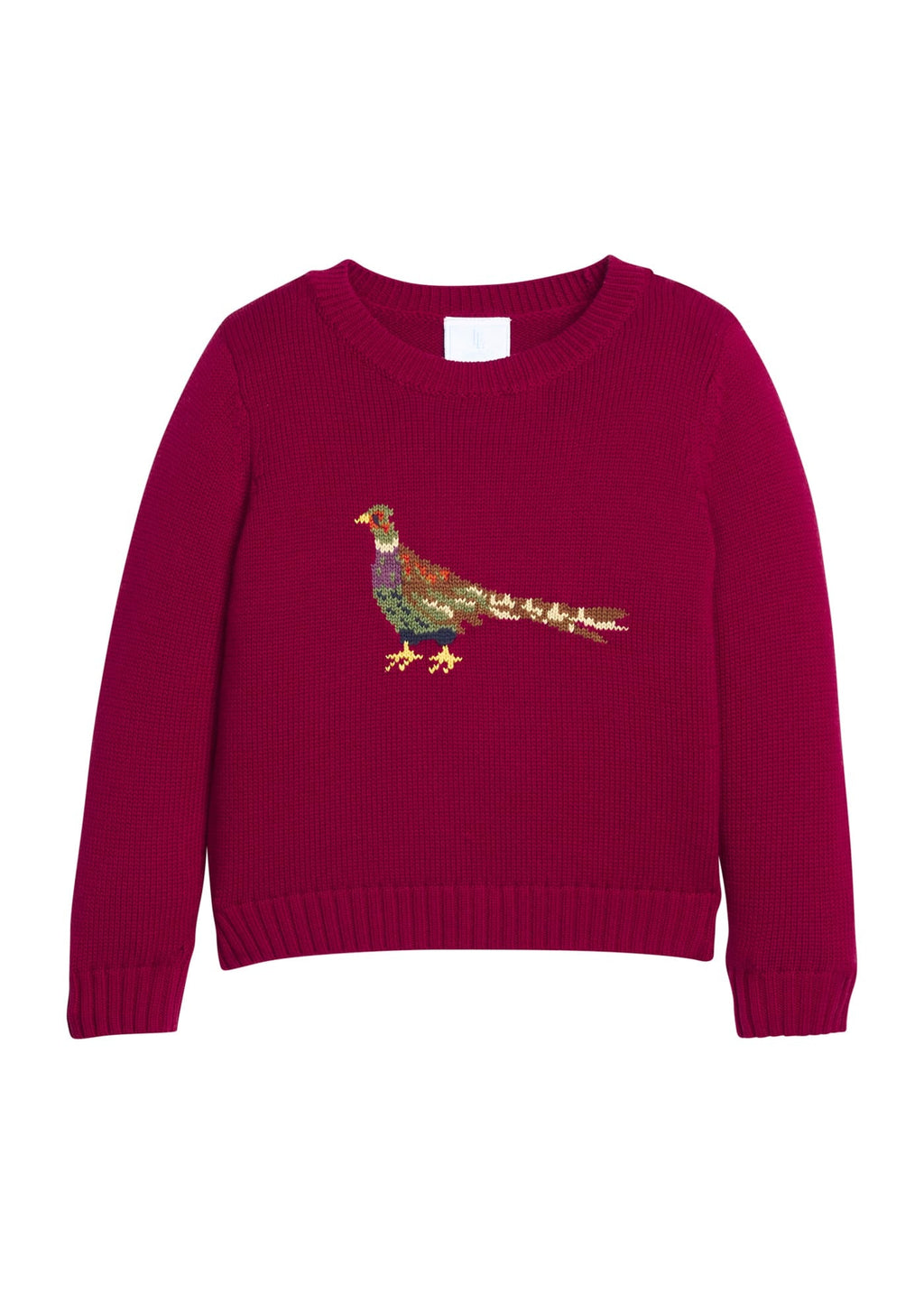 Little English traditional children's clothing. Maroon crew neck Intarsia Sweater with pheasant motif for boys