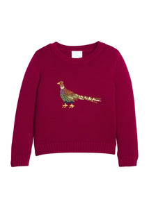 Little English traditional children's clothing. Maroon crew neck Intarsia Sweater with pheasant motif for boys