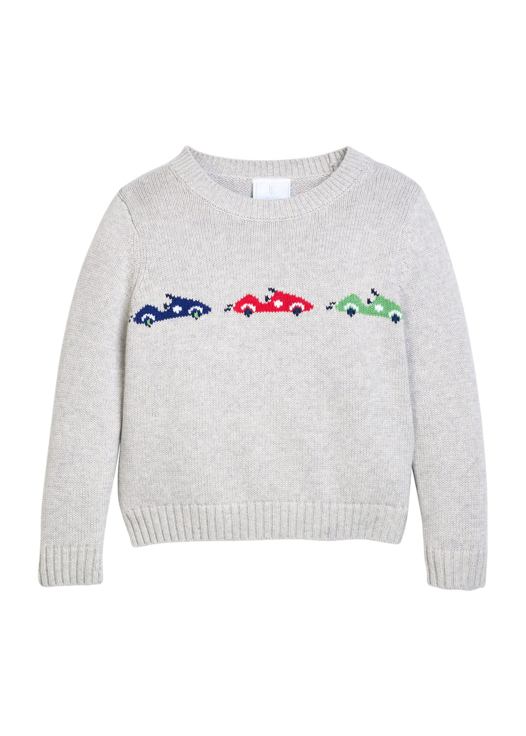 Little English traditional children's clothing. Gray crew neck Intarsia Sweater with race car motif for boys