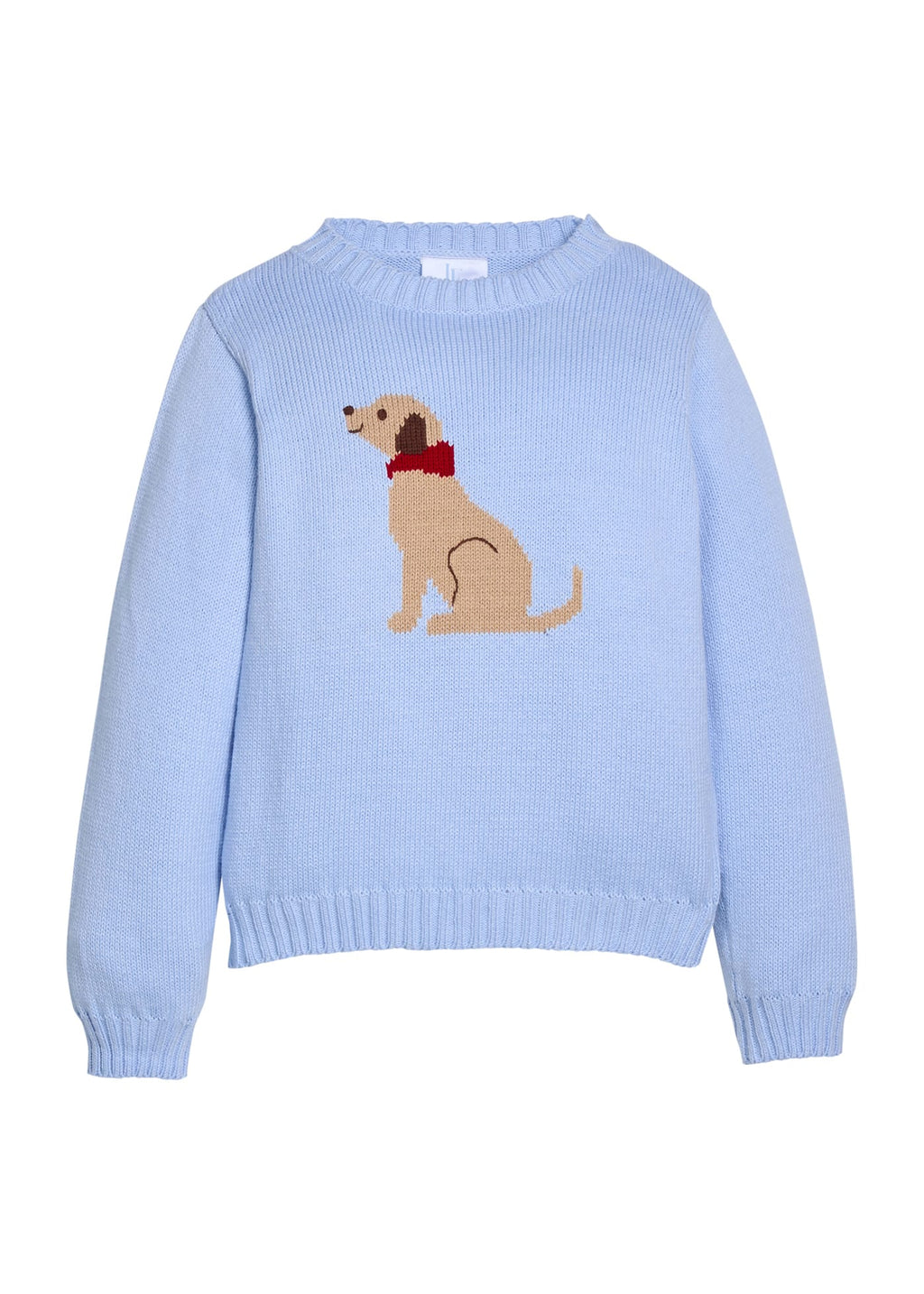 Little English traditional children's clothing. Light blue crew neck Intarsia Sweater with seated lab motif for boys