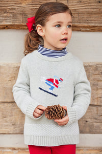 Little English traditional clothing, unisex light gray Intarsia Sweater with skier on chest, for little boy or girl