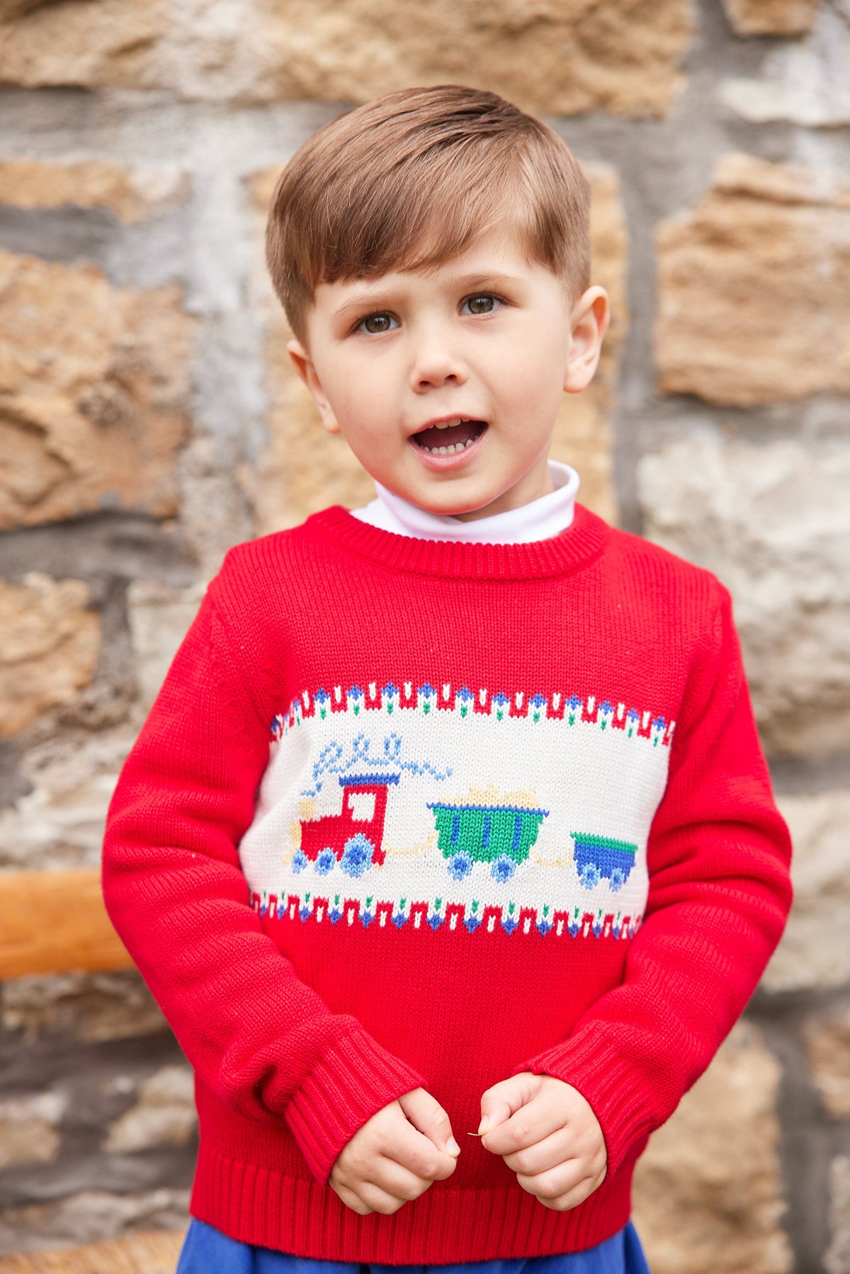 Little English traditional children's clothing, red Intarsia Sweater with train print in center, for little boy