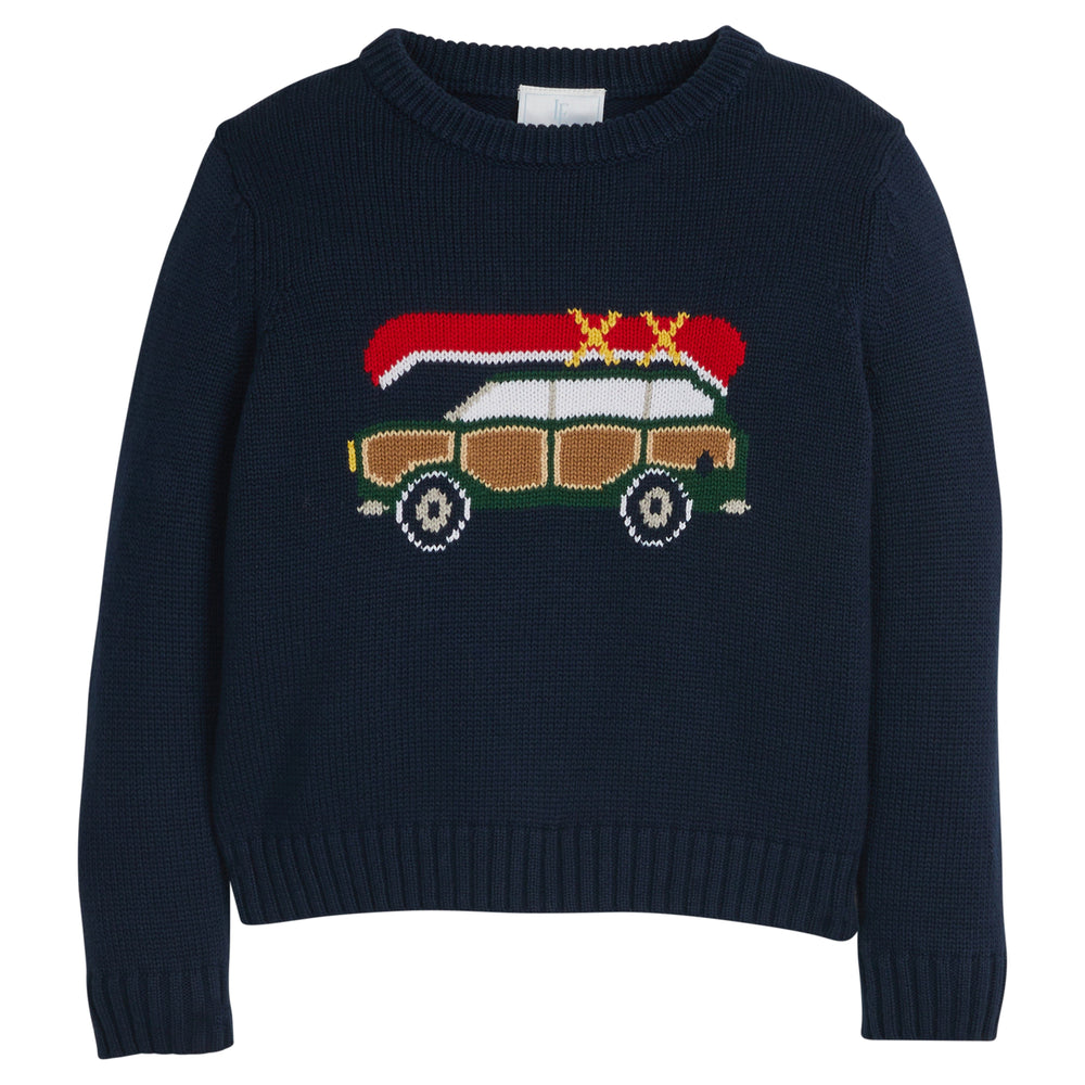 Front view of Intarsia Sweater in Wagoneer showing navy knit with wagoneer car and red canoe intarsia on the chest