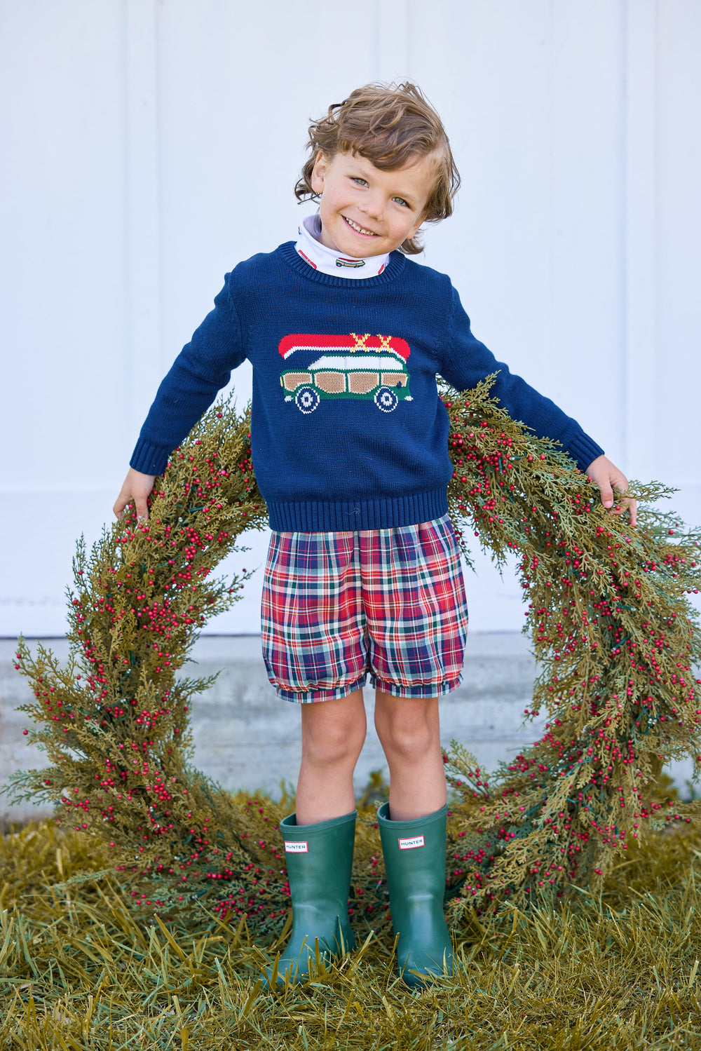 little english classic children's clothing navy sweater with wagoneer motif, printed turtleneck with wagonner print, banded short in middleburg plaid, fall outfit for boys 