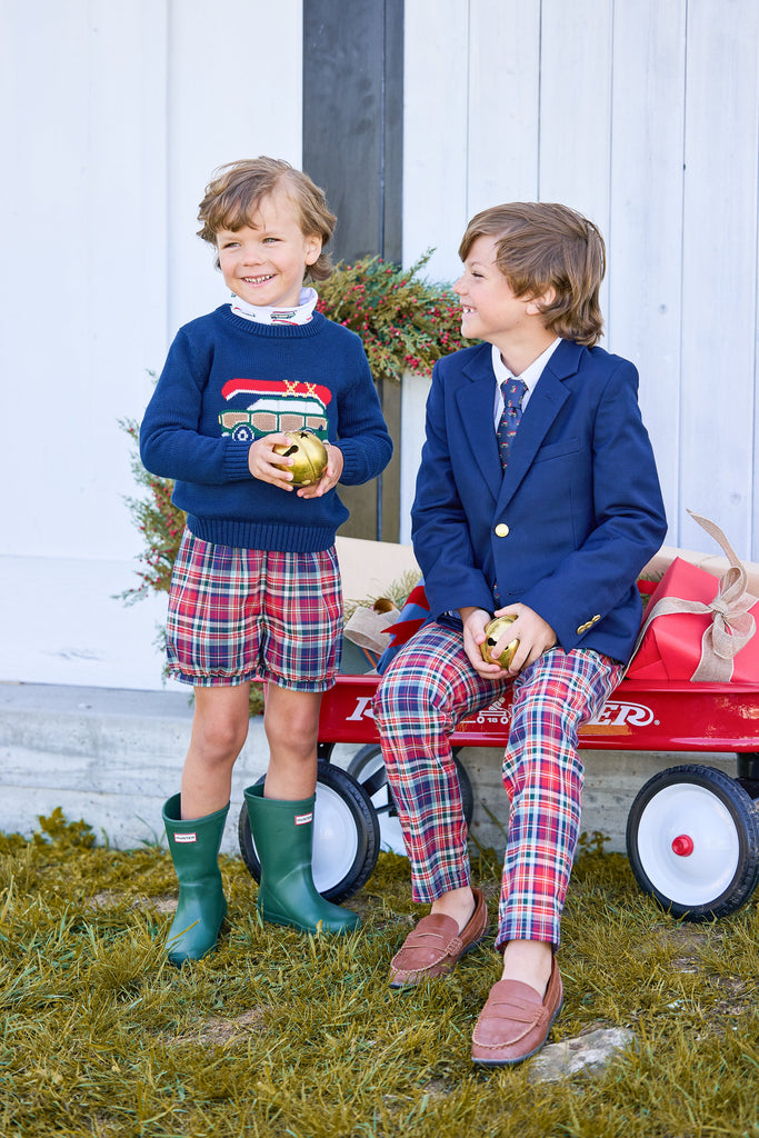little english classic children's clothing navy sweater with wagoneer motif, printed turtleneck with wagonner print, banded short in middleburg plaid, fall outfit for boys 