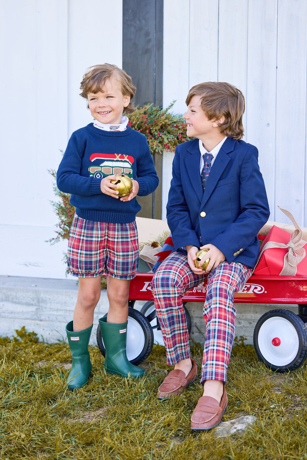little english classic children's clothing navy sweater with wagoneer motif, printed turtleneck with wagonner print, banded short in middleburg plaid, fall outfit for boys 