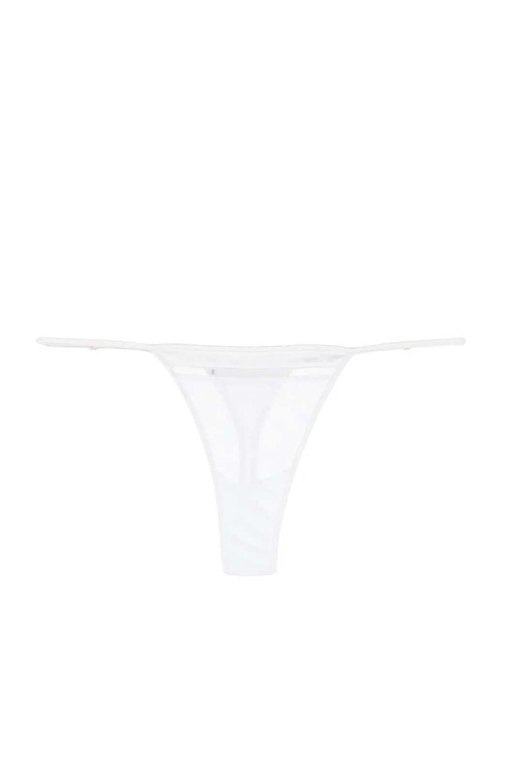 Soft modal g-string adjustable side straps silk trim ivory color flat lay