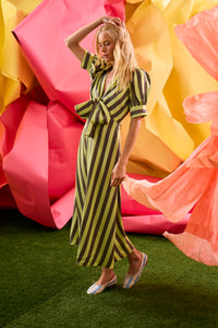 The Iris Dress, tie front blouse, in Evergreen Stripe.