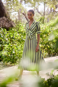 The Iris Dress, tie front blouse, in Evergreen Stripe.