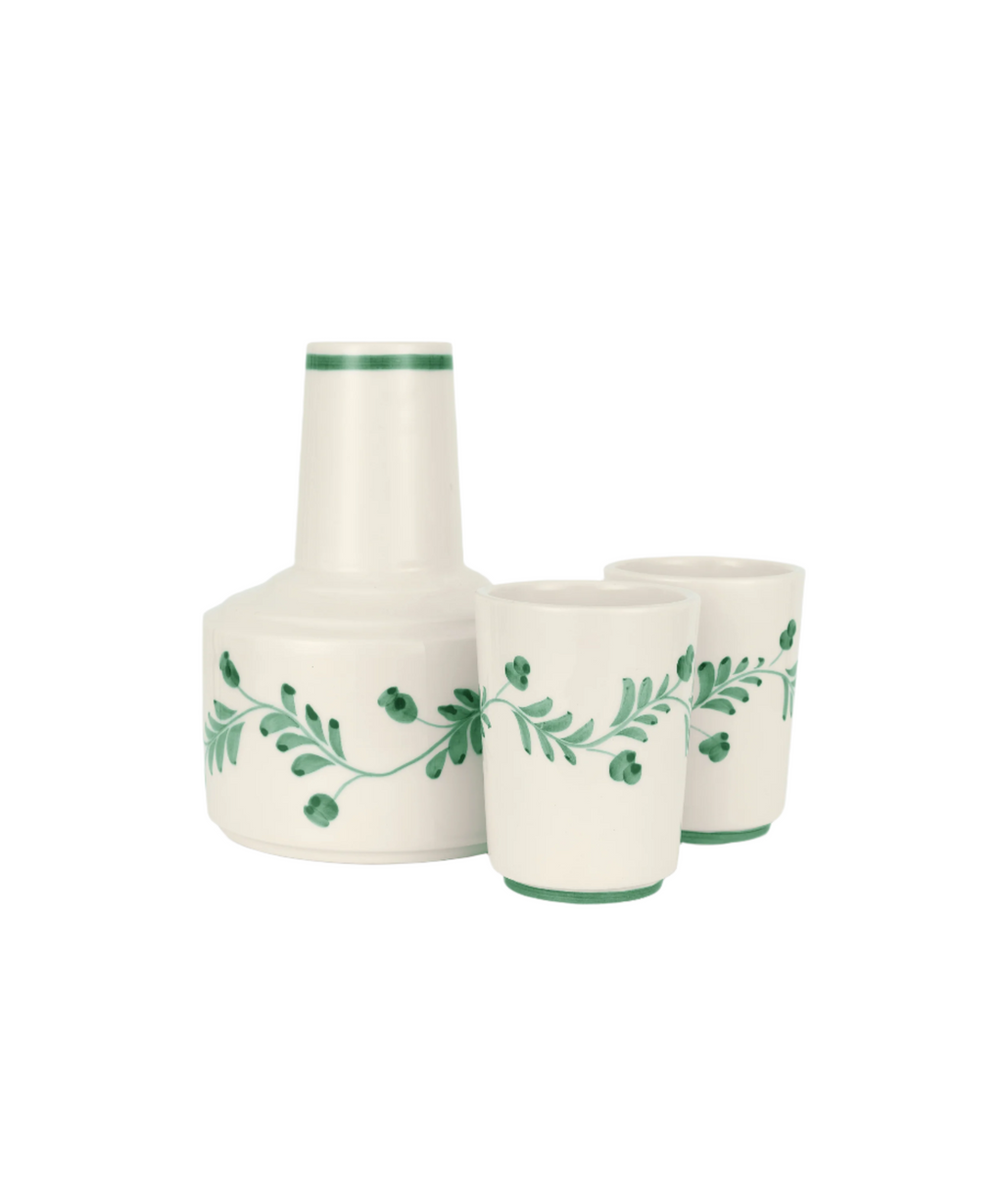 Rebecca Udall Iris Ceramic Carafe & Pair of Tumblers, Dark Green, Ivory Background