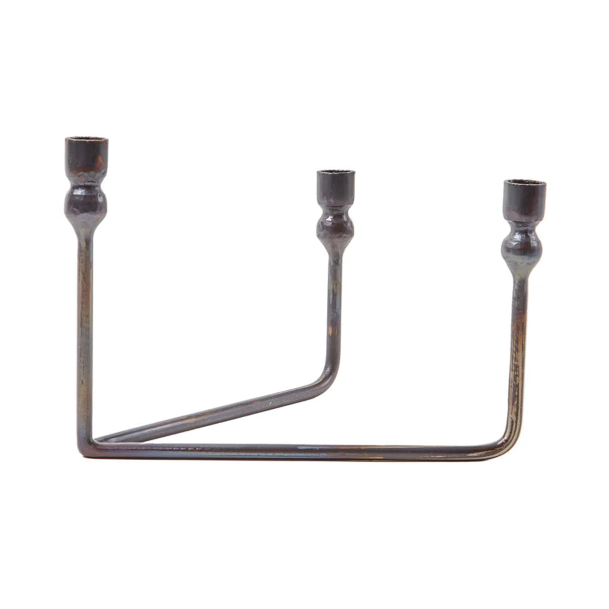 Front view of Urbino iron candelabra showing three tiered arms at varied heights and hand-forged blackened finish on white background