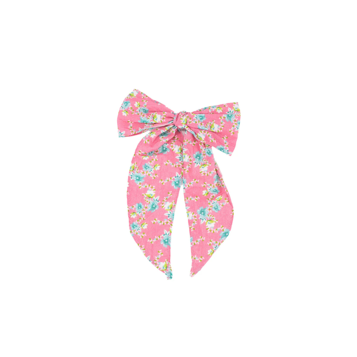 Flat lay of Isla Bow showing pink floral bow with long tails on white background