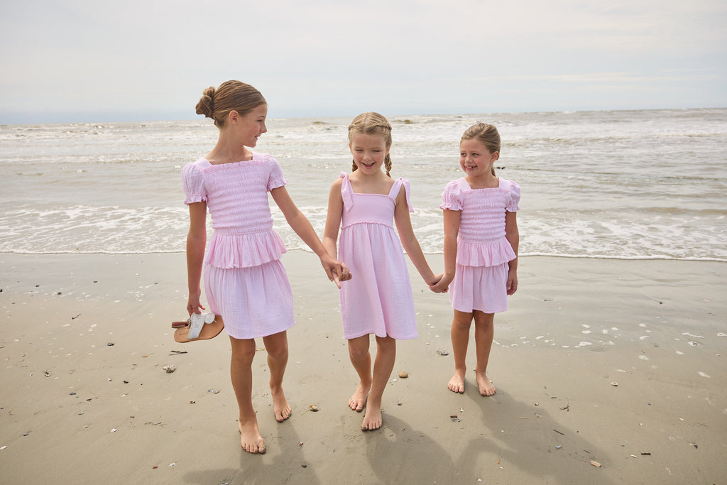 Little English classic isla skirt in jaipur pink with smocked waistband, for little girl 