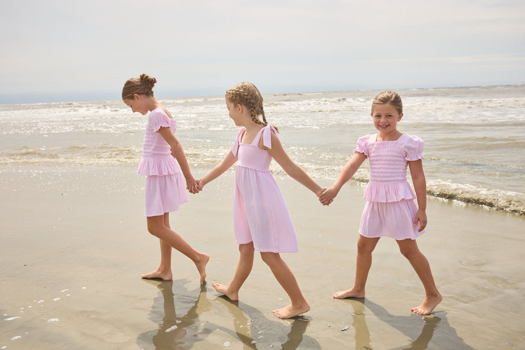Little English classic isla skirt in jaipur pink with smocked waistband, for little girl 