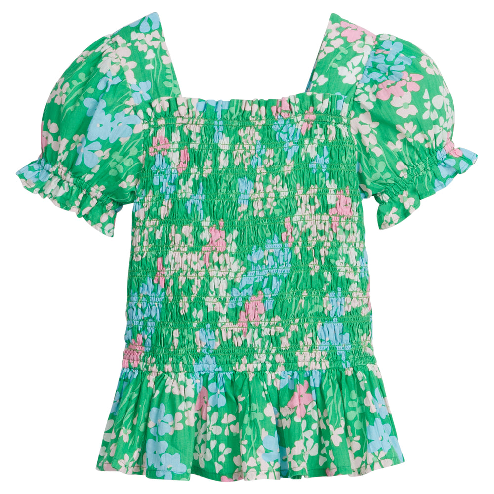 Little English traditional children's clothing.  Green, pink and blue floral print blouse for girl's for spring.  