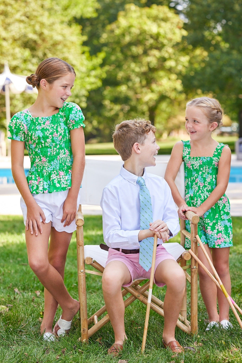 Little English classic children's clothing, girls green floral outfits for spring, preppy romper and coordinating top