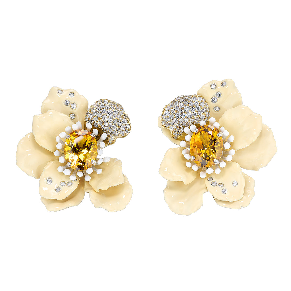 Front view of Ivory Poppy Earrings showcasing ivory floral petals, yellow sapphires and white simulated diamonds with a white background