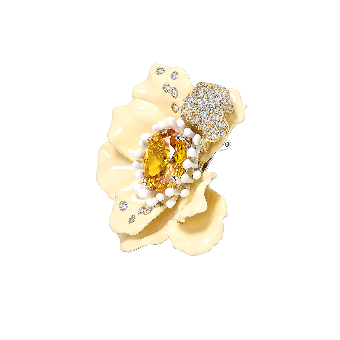Close-up view of Ivory Poppy Earrings showcasing ivory floral petals, a yellow sapphire, and white diamonds on a white background