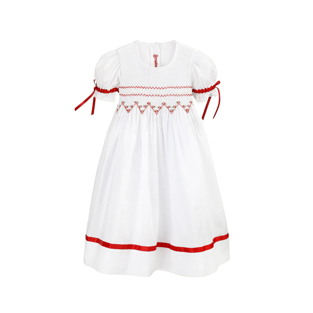 Christmas Smocked Red Girls Dress, Holiday Flower Girl Red White Dress 10Y / Red