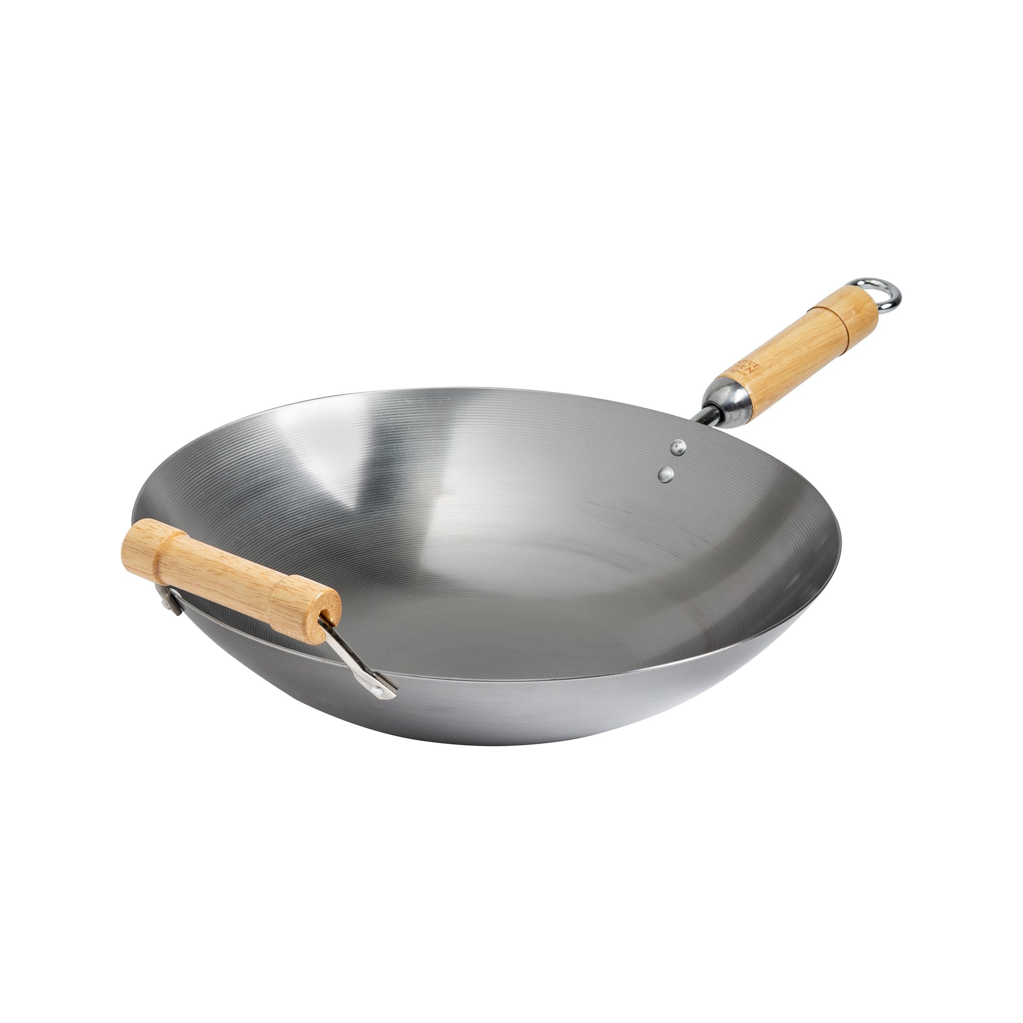Classic Series Round Bottom Carbon Steel Wok with Birch Handles in Silver
