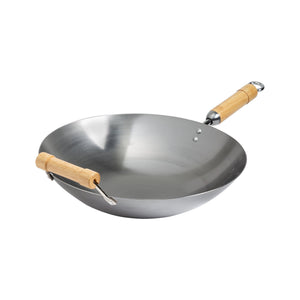 Classic Series Round Bottom Carbon Steel Wok with Birch Handles in Silver