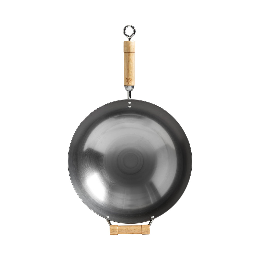 Classic Series Round Bottom Carbon Steel Wok with Birch Handles in Silver