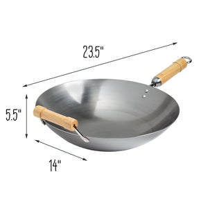 Classic Series Round Bottom Carbon Steel Wok with Birch Handles in Silver