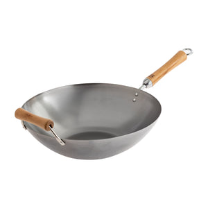 Classic Series Uncoated Carbon Steel Flat Bottom Wok with Birch Handles in Silver