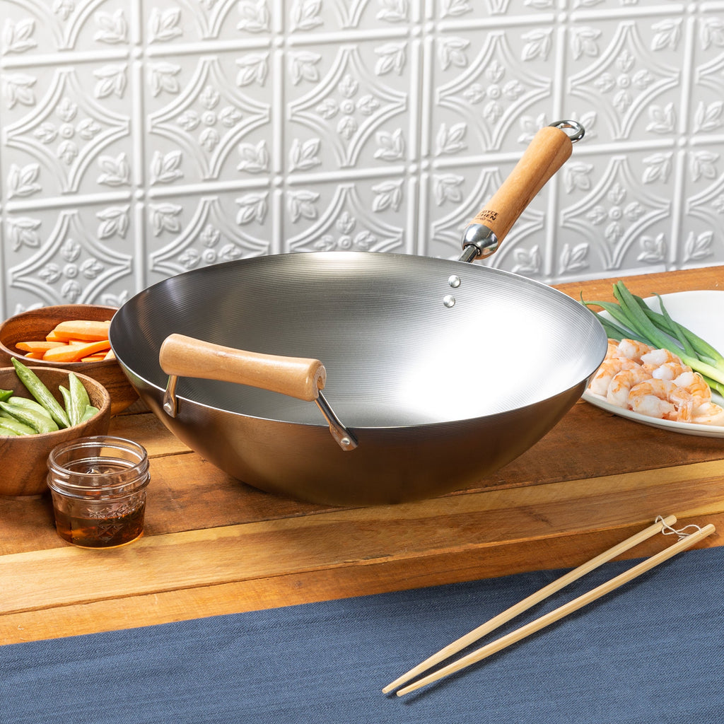 Classic Series Uncoated Carbon Steel Flat Bottom Wok with Birch Handles in Silver