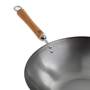 Classic Series Uncoated Carbon Steel Flat Bottom Wok with Birch Handles in Silver