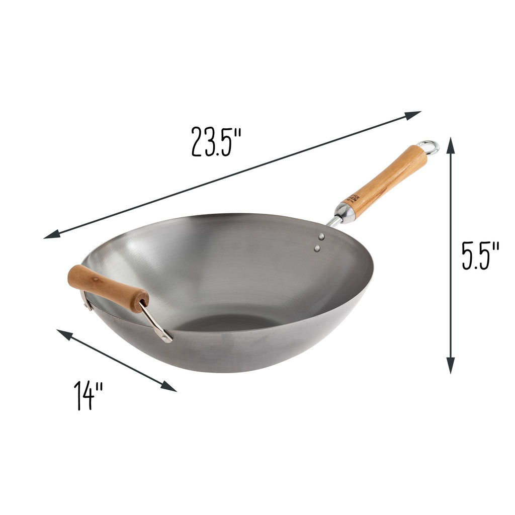 Classic Series Uncoated Carbon Steel Flat Bottom Wok with Birch Handles in Silver