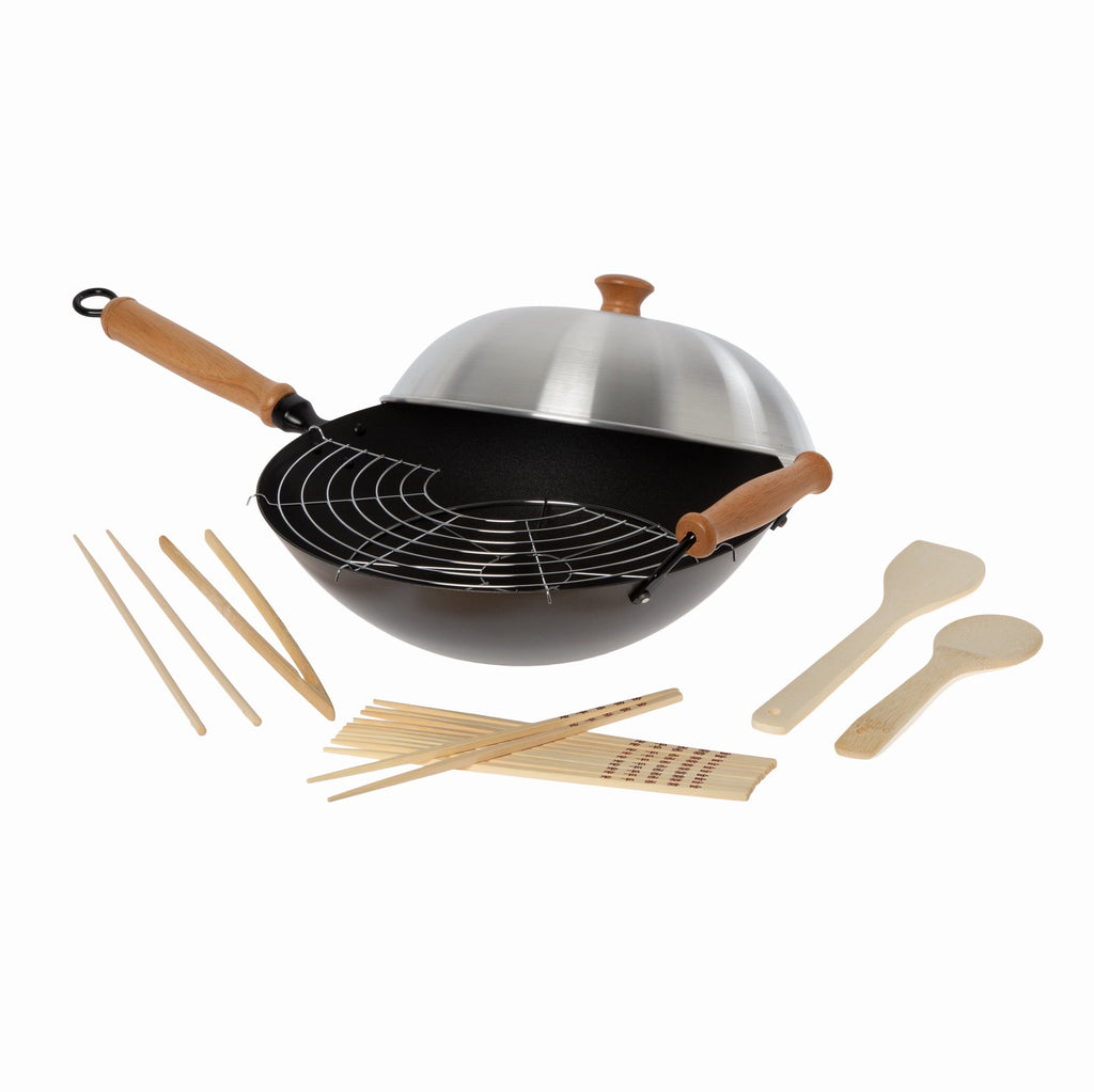 Professional Series Carbon Steel Wok Set with Lid and Maple Handles in Black, Set of 10