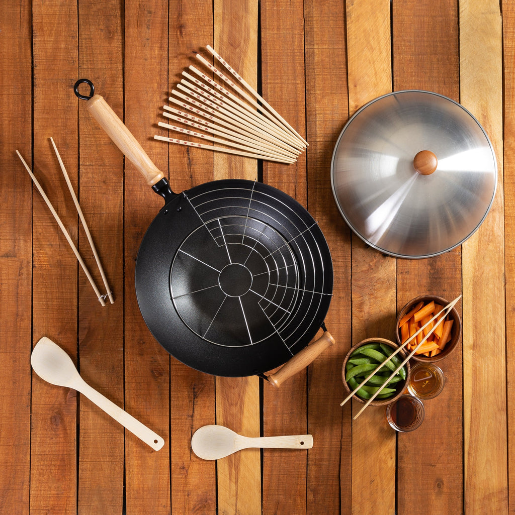 Professional Series Carbon Steel Wok Set with Lid and Maple Handles in Black, Set of 10
