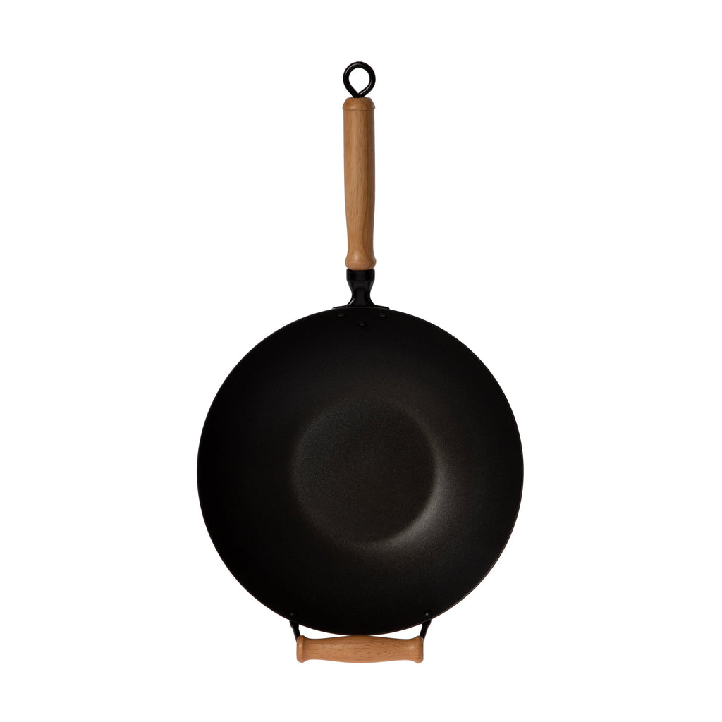 Professional Series Carbon Steel Wok Set with Lid and Maple Handles in Black, Set of 10