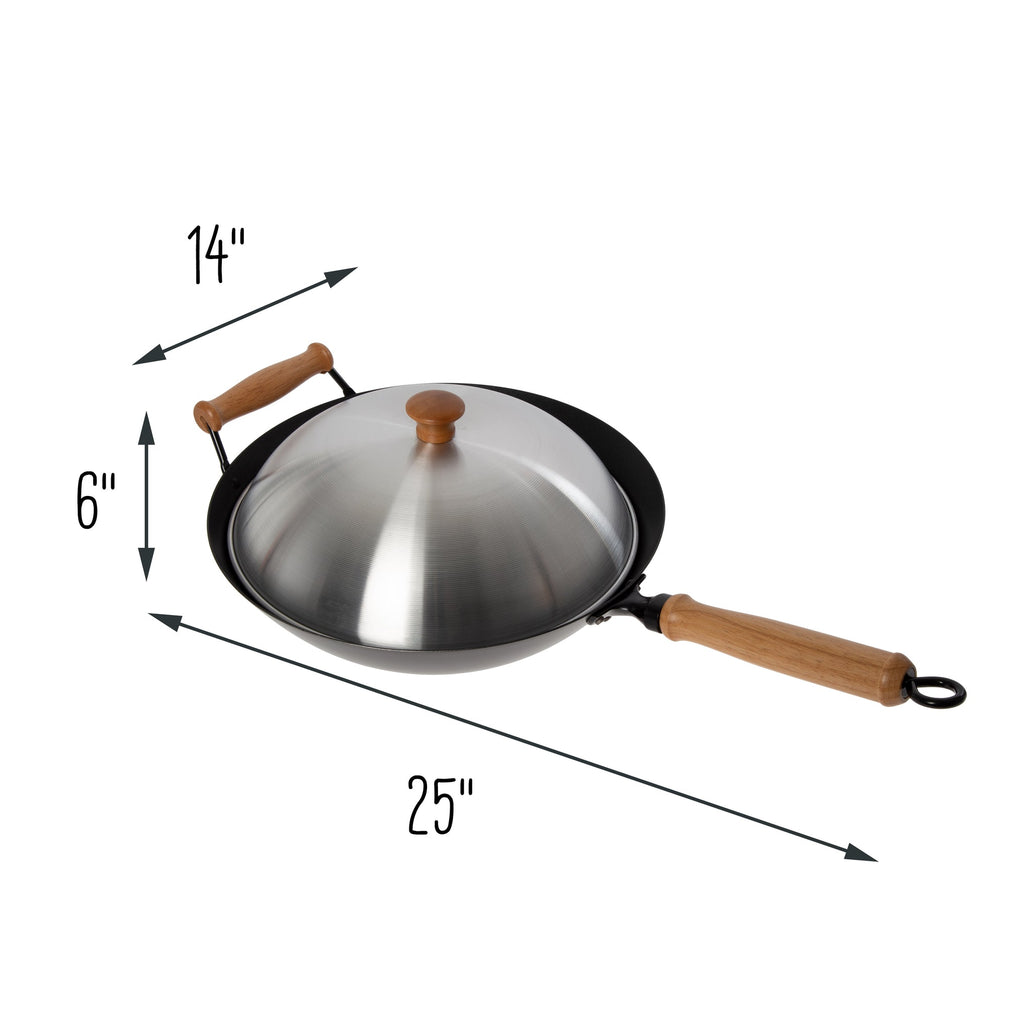 Professional Series Carbon Steel Wok Set with Lid and Maple Handles in Black, Set of 10