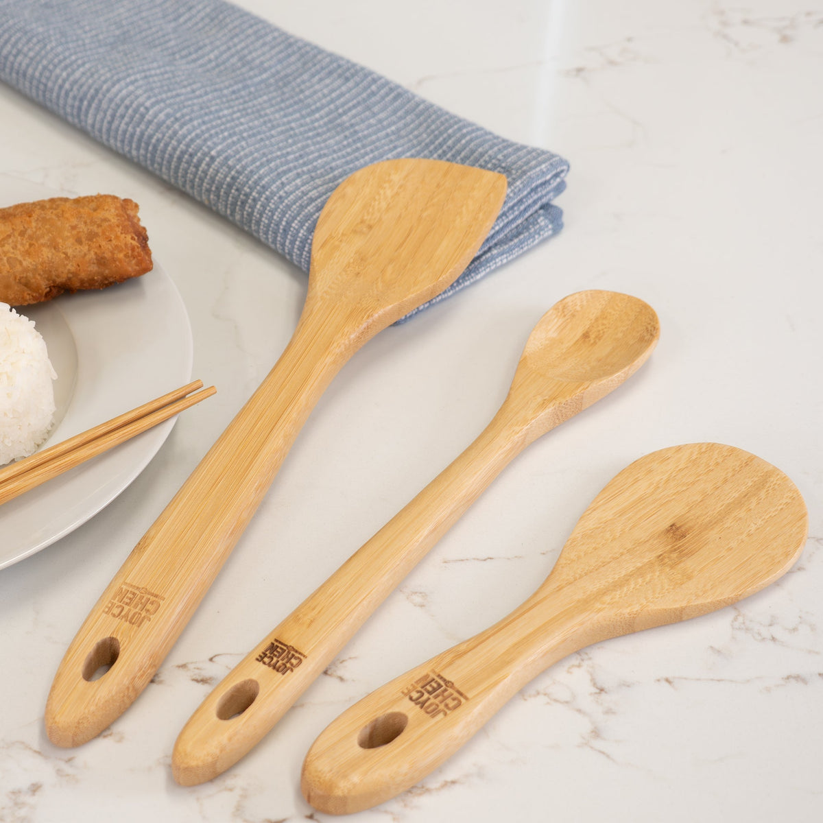 Burnished Bamboo Wok Utensils Stir Fry Set in Natural, Set of 3