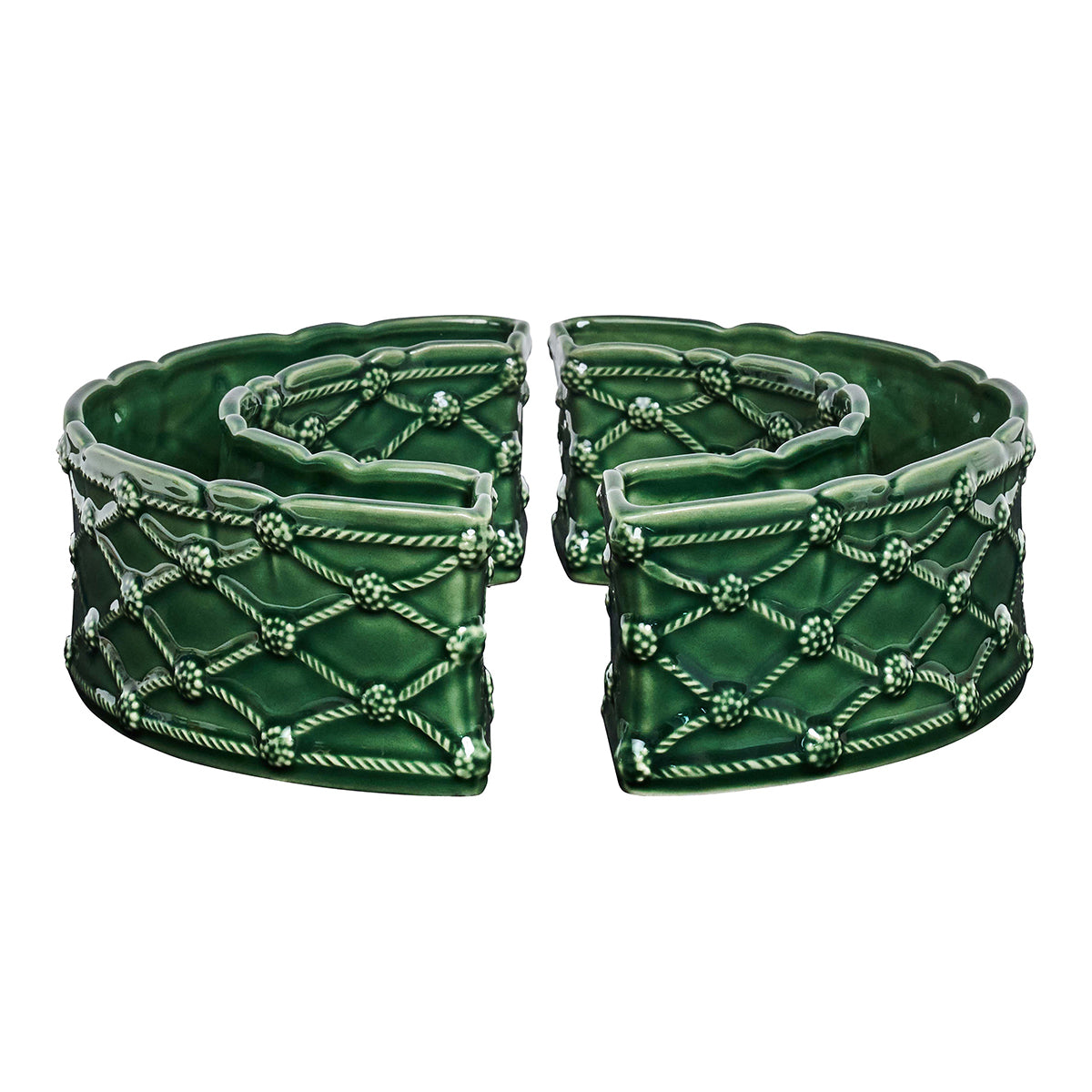 Front view of Berry & Thread Petite Parterre half-circle vase set showcasing braided rope-lattice detail in basil green on white background