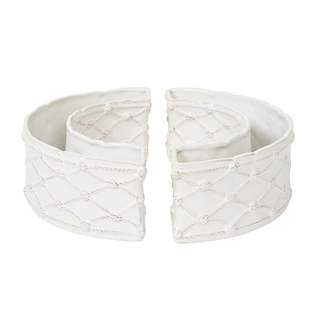 Front view of two Berry & Thread whitewash half-circle vases showcasing raised lattice detailing on white background