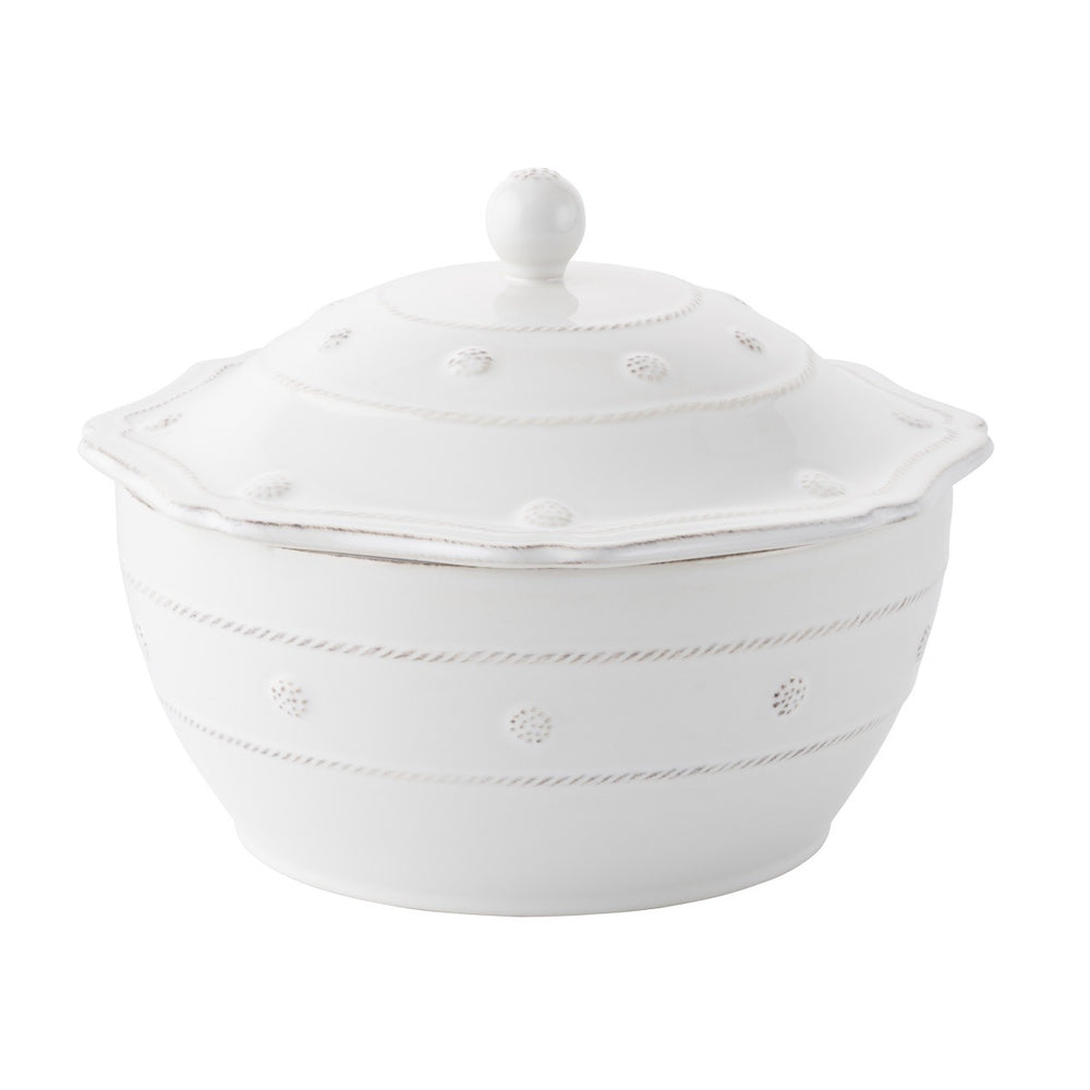Front view of Berry & Thread lidded casserole showing white ceramic with embossed berry dots and rope trim