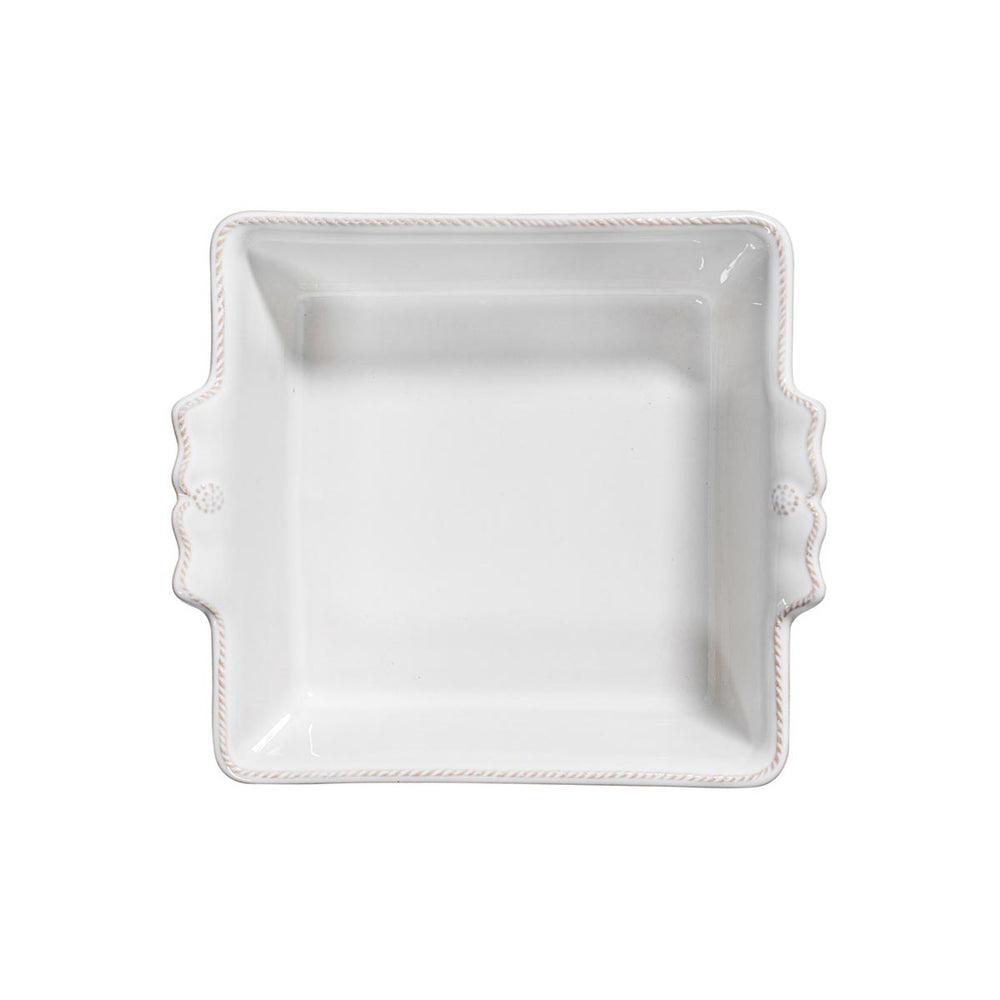 Top view of Berry and Thread square baker showcasing braided rim detail and side handles on white background