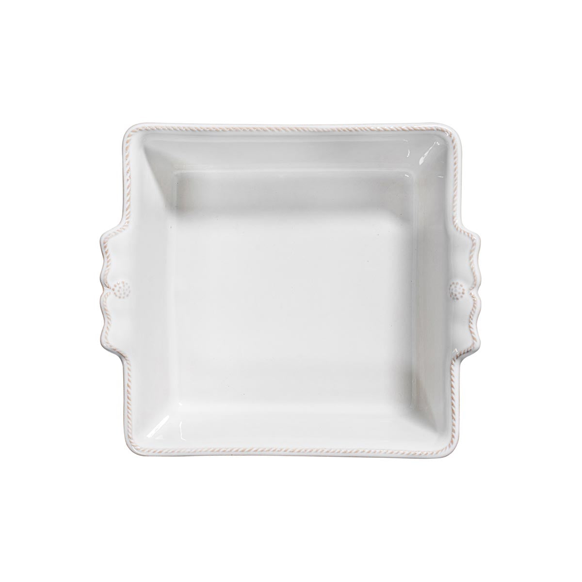 Top view of Berry and Thread square baker showcasing braided rim detail and side handles on white background