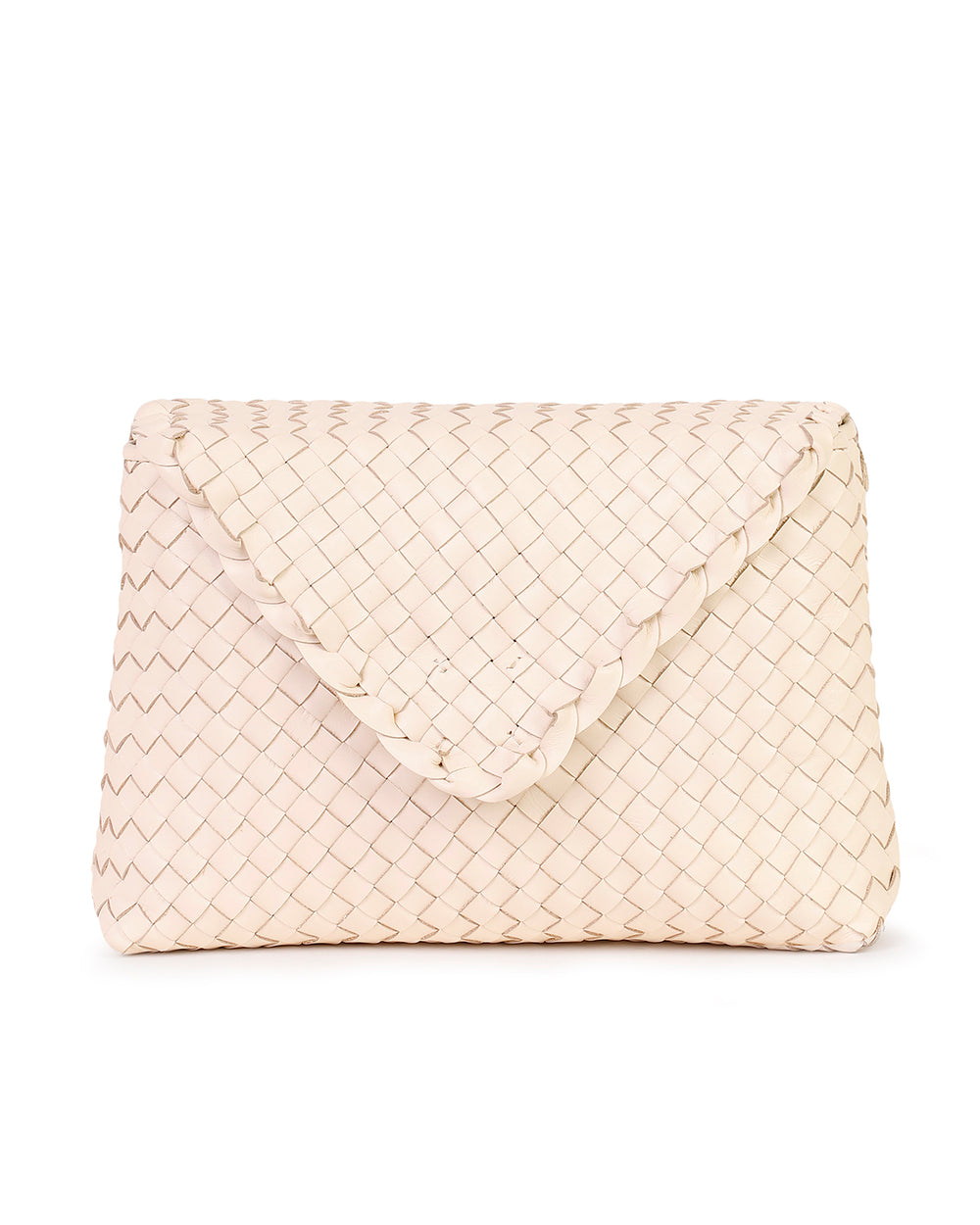 Front view of Jamie clutch showcasing handwoven cream leather envelope silhouette on white background