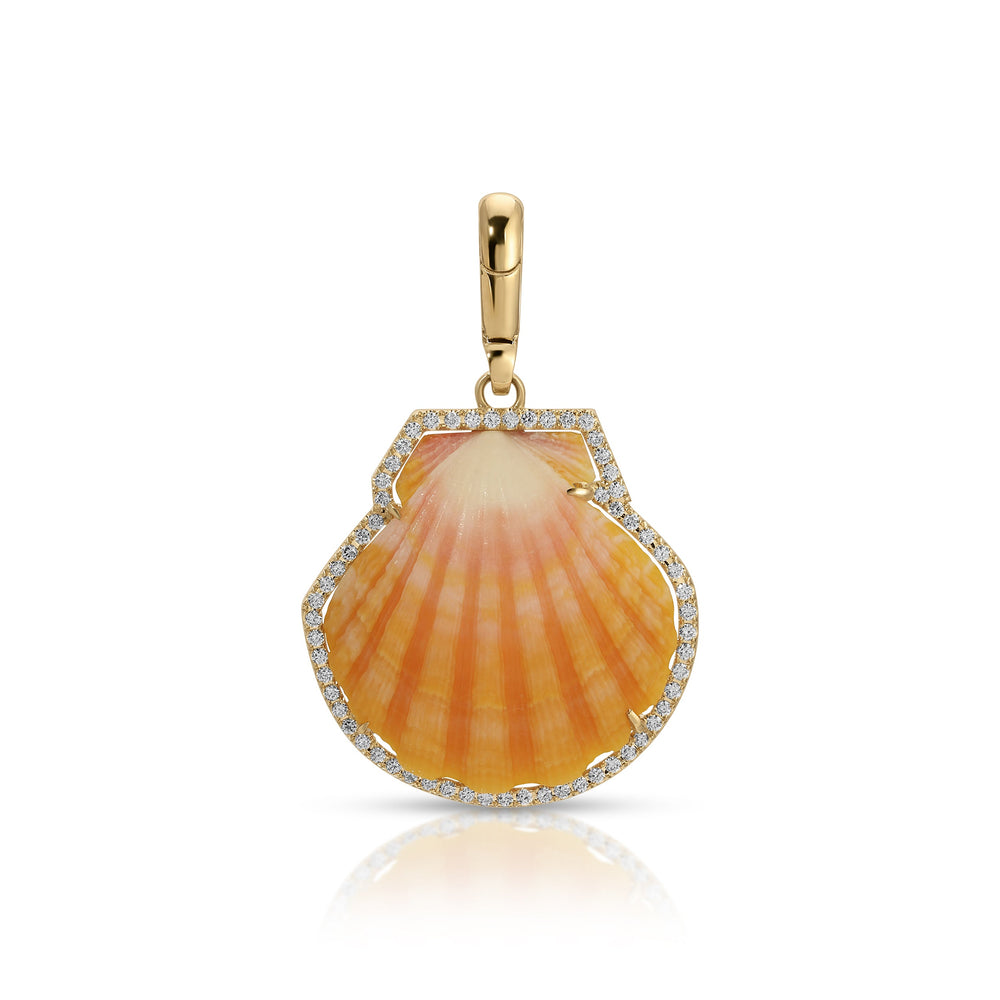 Front view of Shell in Diamond Frame charm showcasing natural orange scallop shell set in 18k yellow gold with diamond halo on white background