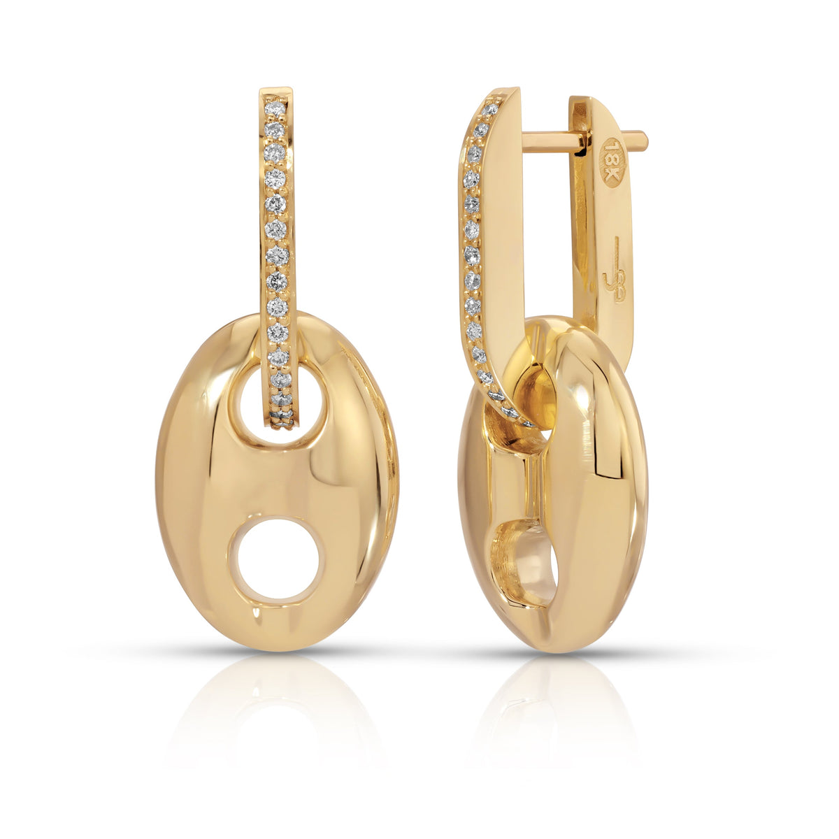 Front and side view of Mini Gold Mariner Link Huggies showing 18k yellow gold and pave diamonds on white background